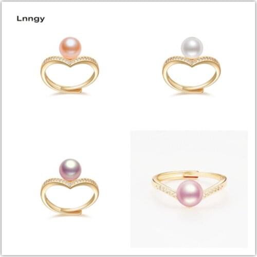 Lnngy 14K Gold Filled Gemston Ring 7.5-8mm Natural Freshwater Pearl Adjustable Fashion Ring Women Engagement Fine Jewelry Gifts