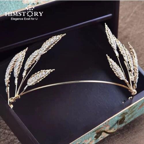 Himstory Gold European Baroque Leaves Soft Tiara Headbands Crystal Crown Headpieces Wedding Dress Party Evening Accessories