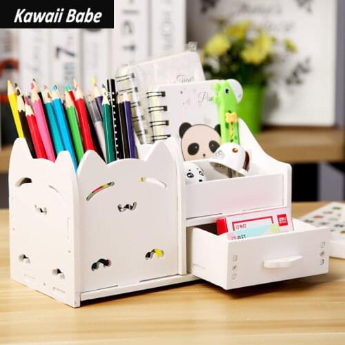 Pen Holder Desktop Organizer Multi-function 4 Grid Office School Stationery Storage Case Wood Box Desk Pen Pencil Phone Holder