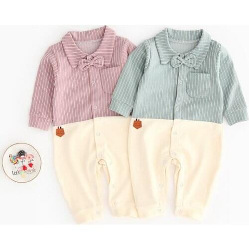 New Baby Boys Rompers Newborn Button Infant Pajamas Pure Cotton Gentleman Style stripe Clothes Long Sleeves Jumpsuit
