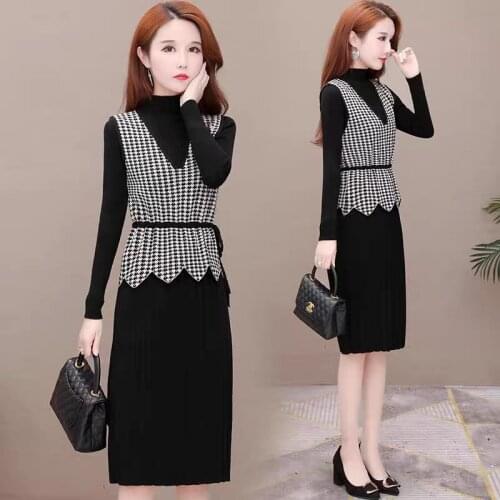 Spring and Autumn New 2021 Women Knitted Dress Female Temperament Thin Two-piece Suit Ladies Fashion Sweater Dresses Outfit Q105