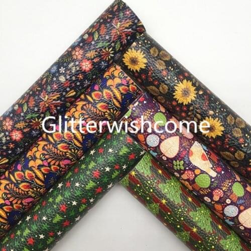 Glitterwishcome 21X29CM A4 Size Sunflowers Autumn Flowers and Christmas Tree Printed Faux Leather Sheets for Bows, GM889A