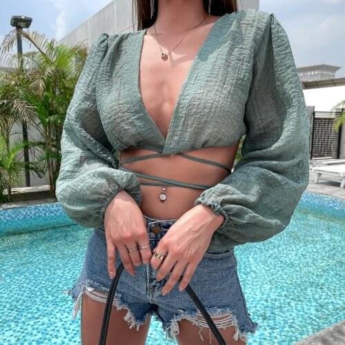 Hirigin Women Elegant Long Lantern Sleeve Shirts Crop Tops Solid Color V-neck Tie-up Girls Blouses Streetwear Party Clubwear