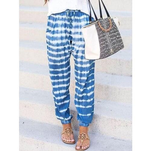 Women Streetwear Pleated Mid Waist Loose Slouchy Pockets Gradient color tie-dye digital printing Pants Casual striped Trousers