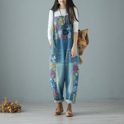 Spring Autumn 2019 Jumpsuits For Women Retro Floral Denim Overalls Spaghetti Strap Vintage Jean Jumpsuit For Ladies OS023