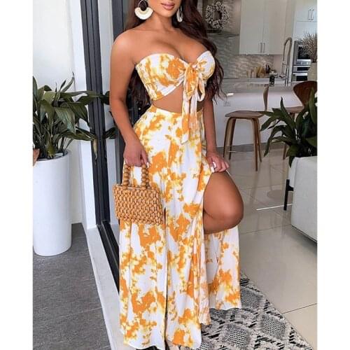 New Summer Tie Dye Two Piece Set Tie Front Tube Top Sexy Split Long Maxi Skirt Suits Women Print Matching Set Vacation Outfits