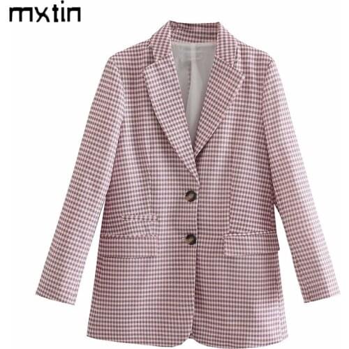 MXTIN 2021 Women Vintage Office Lady Double Breasted Blazers Coat Fashion Plaid Notched Collar Long Sleeve Outerwear Chic Tops