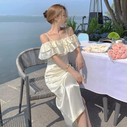 One Word Shoulder Lotus Leaf Wrap Chest Dress 2021 Satin Temperament Womens Holiday Beach Sling Long Dresses Summer vestidos