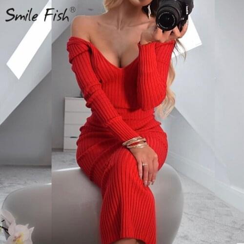 V-Neck Long Sleeve Skinny Bodycon Dresses Fashion Autumn Christmas Club Lady Sexy Party Winter Ribbed Midi Dress Women G1955