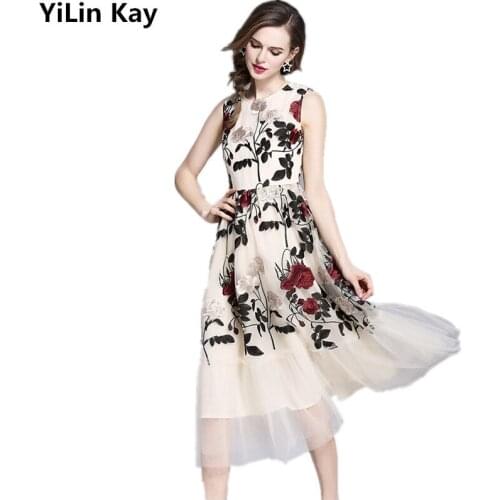 2019 Flower Mesh Embroidery Lace Dress Women Spring Summer Luxury Runway Sleeveless vest gauze dress