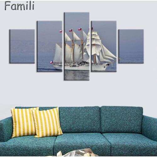 5Pcs/set No Frame Seascape Sailing Boat Blue Sea Wall Art Oil Painting On Canvas For Home Wall Art Picture Customized