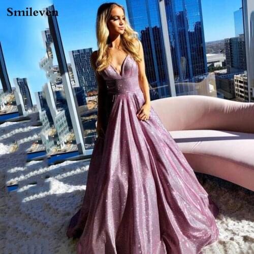 Smileven Shiny Pink Bronzing Formal Evening Dress A Line Spaghetti Strap Prom Party Gowns Backless Floor Length Celebrity Dress