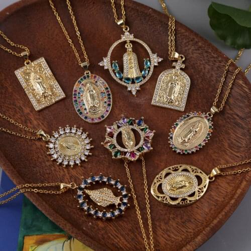 High Quality CZ Zircon Cubic Zirconia Copper Metal Virgin Mary Necklace & Pendant For Women Stainless Steel Chain Gold Necklaces