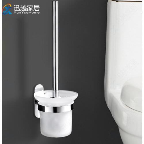 Silver Stainless Steel Shelf with Toilet Brush With Glass Caddy Cup Holder Punch-Free Wall-Mounted Handle Bathroom Cleaning Tool