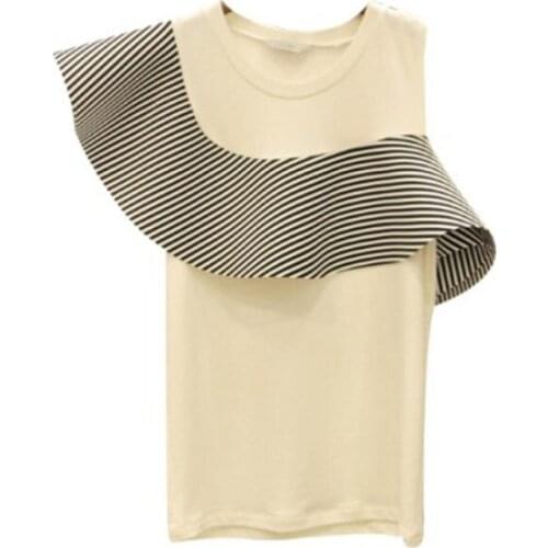 Irregular Round Neck T-shirt Korean Fashion Summer Womens Ruffled Shoulders Slim Stitching Wild T-shirt Harajuku Tops Aesthetic