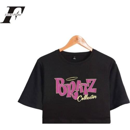 Bratz Rock Angelz Crop Top Exposed Navel T Shirt Oversize O-neck Tops Cotton Short Tees Print Funny Fashion Casual Hip Hop Women