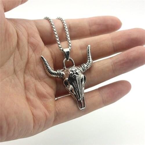 Punk Tibetan Silver Cow/Bull Ox Head Skull Charms Pendant Necklace For Boy Mens Hip Hop Jewellery XL75