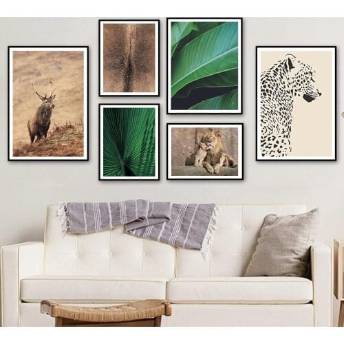 Elk Lion Leopard Plant Leaf Fur Animal Wall Art Canvas Painting Nordic Posters And Prints Wall Pictures For Living Room Decor