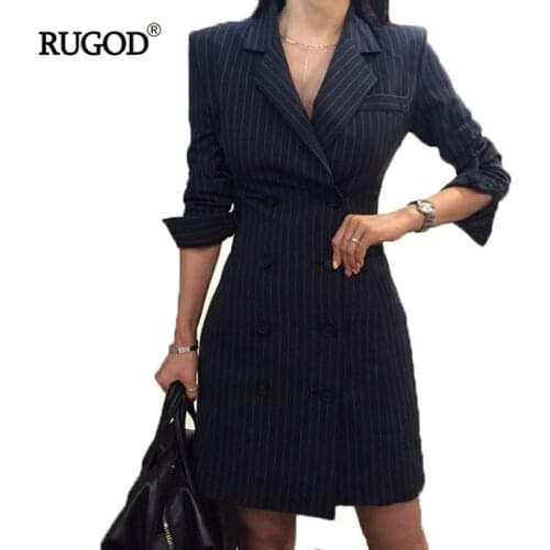 RUGOD 2018 New Office Lady Long Sleeve Profession Women Dress Empire Straight Striped Double Button Turn-down Collar Mini Dress