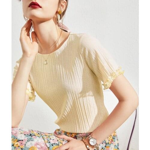 2021 Summer New Icy Short-Sleeved T-Shirt Womens Slimming Top With Wood Ears Gentle Wind Round Neck Solid Color T-shirt