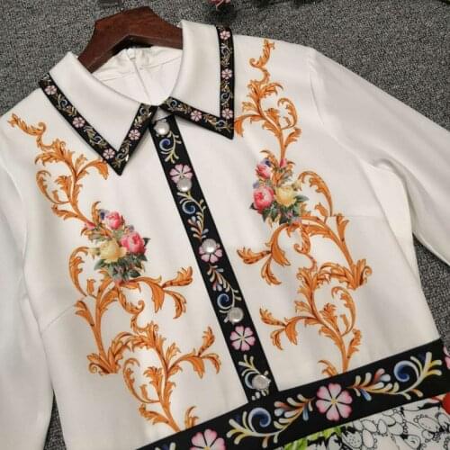 Autumn Runway Fashion Designer Elegant Office Ladies Slim Turn-Down Collar Flower Print Long Party Holiday Dress