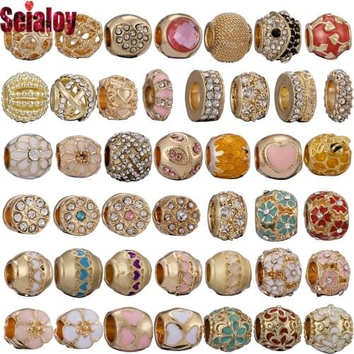 Seialoy 2pcs Golden Crystal Bead Charm Fit Diy Bracelets & Necklace Original Women Men Fine Bracelets Jewelry Accessories Beaded
