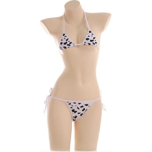 Sexy Cute Girls Womens Cow Spots Bikini Bra & Panties Exotic Set Kawaii Cosplay Swimwear Halter