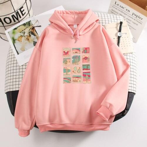 Warm Ulzzang Hoodie Coat Womens Cute Sweatshirt Aesthetic Cartoon Pullover Ladies Long Sleeve Pocket Drawstring Sudadera Mujer