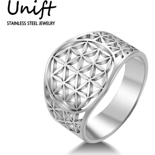 Unift Unique Vintage Openwork Flower Of Life Rings Stainless Steel Ring Trendy Wicca Jewelry Women Men Couple Rings Accessories