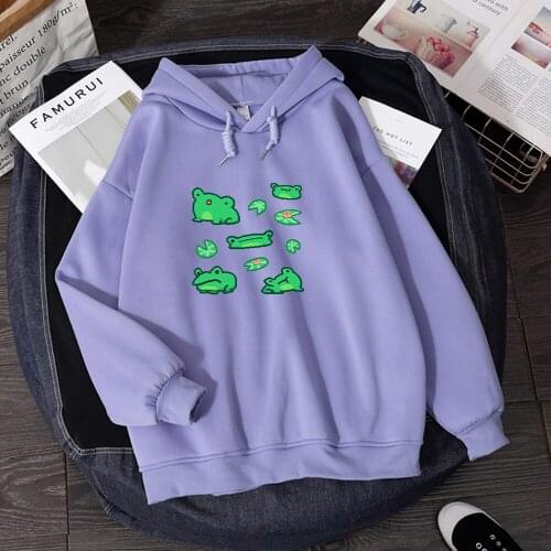 Oversized Hoodies Women Lotus Leaf Frog Velvet Cartoon Women Loose Casual Long Sleeve Pullover Tops Streetwear Hooded Sweatshirt