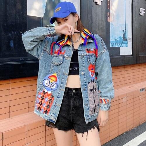 2021 Autumn Cartoon Hiphop Denim Jackets For Women Loose Sequins Patchwork Coats Turn-down Collar Washed Holes Outerwear C028