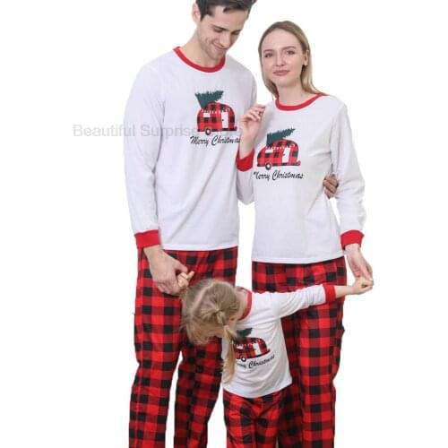 Christmas Family Pajamas Set Adult Kids Family Matching Clothes Cartoon Top+Plaid Pants Xmas Sleepwear PJS Set for Baby Girl