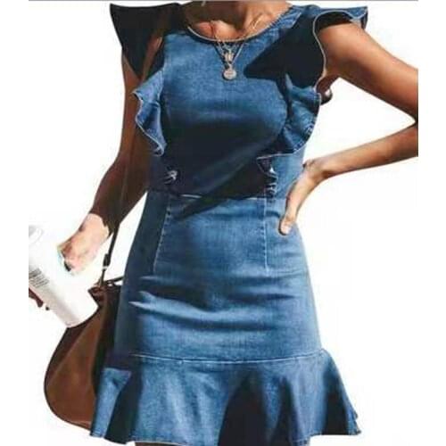 Ruffles Denim Dress High Waist Vintage Women Summer Jeans Bodycon Dress Sexy Ladies Mini Party Dresses Vintage Dress