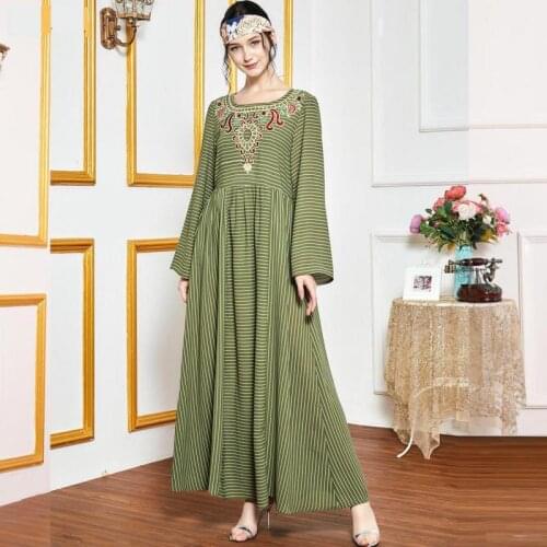 Moroccan Caftan Womens Fashion Striped Stitching Embroidery Long Sleeve Elegant Casual Dress With Large Swing Muslim Long Dress