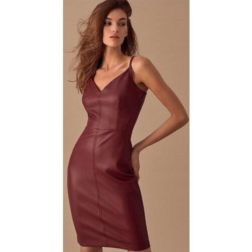 Women Sexy Club Leather Spaghetti Strap Party Dress Sleeveless V neck Solid Elegant Casual Dress 2019 Winter New Fashion Dress