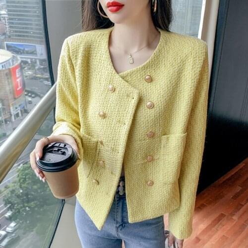Autumn Tweed Jackets Coat Women O-Neck Double Breasted Woolen Outwear Long Sleeve Vintage Harajuku Luxury Pockets C971