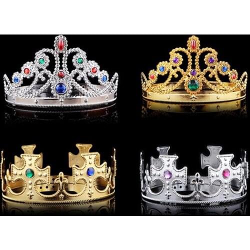 10pcs/lot Queen and King Crown Hairband With Acrylic Stone Golden and Silver Color Plastic Adustable Size For Adult and Children