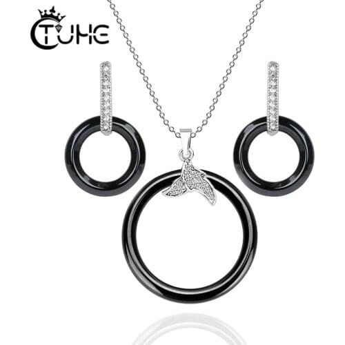 2019 Elegant Fashion Style Geometry Jewelry Sets for Women Ceramic Rhinestone Earrings Pendant Necklace Party Jewelry Set Gift