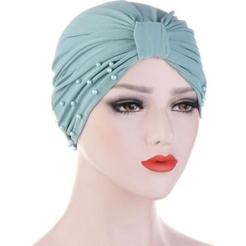 2020 Muslim Women Ruffle Beading Turban Hats India Cap Head Wrap Female Stretch Headscarf Bonnet Islamic Inner Hijab Caps