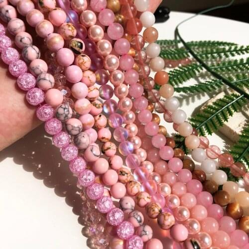 4-12mm Natural Gems Pink Series Stone Bead Crystal Agates Jaspers Turquoises Quartz Round Beads For Jewelry Making DIY Bracelet