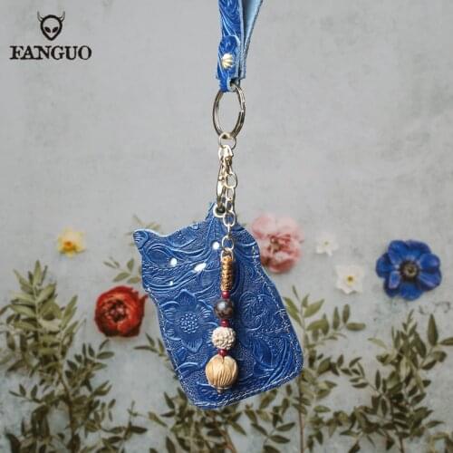 Cute Cat Bus Card Holder Student Campus Genuine Leather Key Ring Handmade Work Cards Badge Case Key Chain