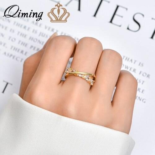 QIMING Handmade Zircon Crystal Exquisite Rings For Women Ladies 18K Gold Plated Fashion Jewelry Cross Ring Bague Gift
