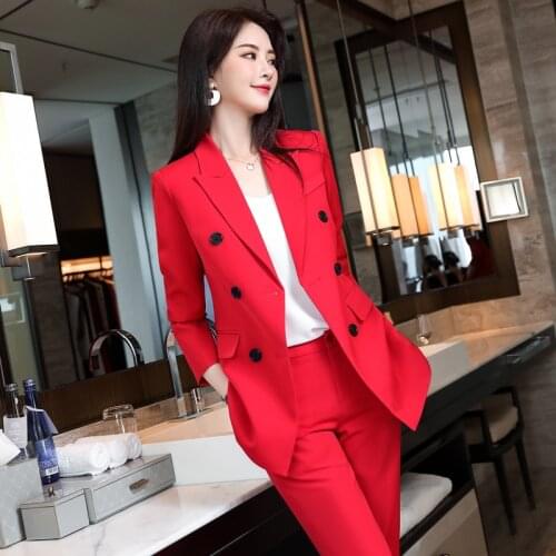 IZICFLY Autumn Spring Red Woman Suits With Pant Uniform Two Piece Set Ladies Elegant Business Blazer and Trouser
