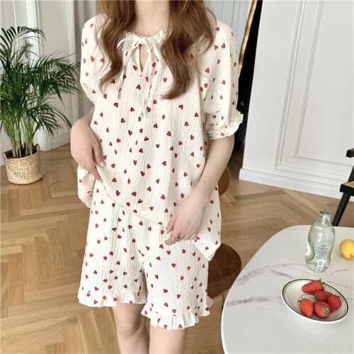 Summer Cotton Comfortable Lace Love Heart Print Pajama Set Homewear Womens Set 100% Top Shorts 2 Piece Set Clothes Home Suit