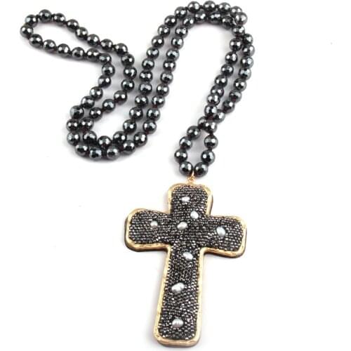 MOODPC Fashion Bohemian Jewelry Faceted Hematite Stone Knotted Crystal Paved Pearl decoration Cross Pendant Necklaces
