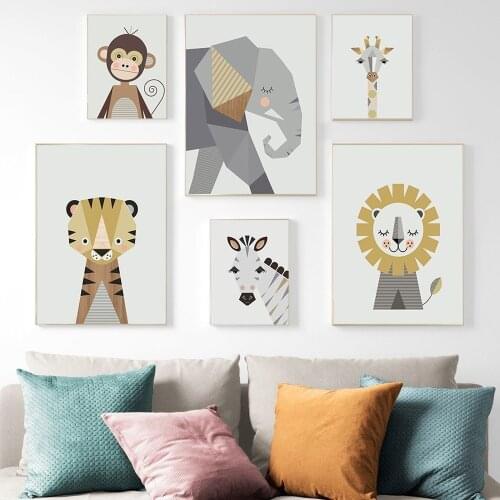 Cartoon Geometric Animal Canvas Painting Cute Elephant Lion Tiger Posters Simple Home Childrens Room Kindergarten Decor Picture