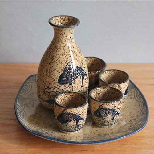 Japanese Style Sake Pot Set, Retro Glazed Ceramics Wine Pot Wine Cup, Handmade Flagon Drinking Vessels
