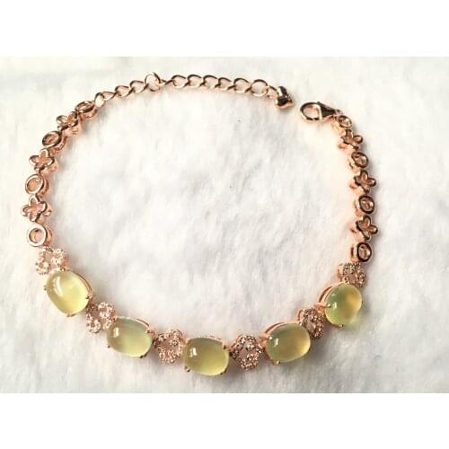Natural green prehnite silver bracelet, oval 6mm*8mm, pure and clean, beautiful flower shape, for elegant ladies