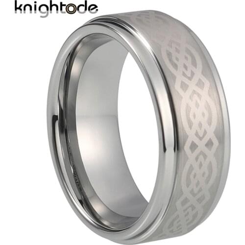 Keltic Knot Tungsten Carbide Laser Engrave Rings For Mens Party Jewelry Brushed Steped Edges Comfort Fit