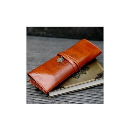 2002 korea stationery vintage leather big capacity pencil case cosmetic bag